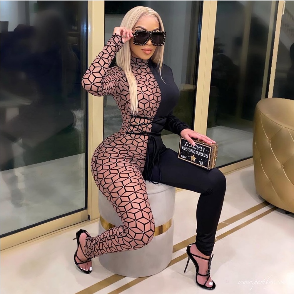 PoshByV Monroe Jumpsuit Half and Half Diamond Sheer Posh By V Black Nude